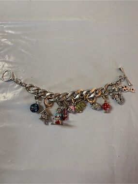Fossil Silver-Tone Multi-Charm Bracelet with Red, Green, Blue and Pink Accents